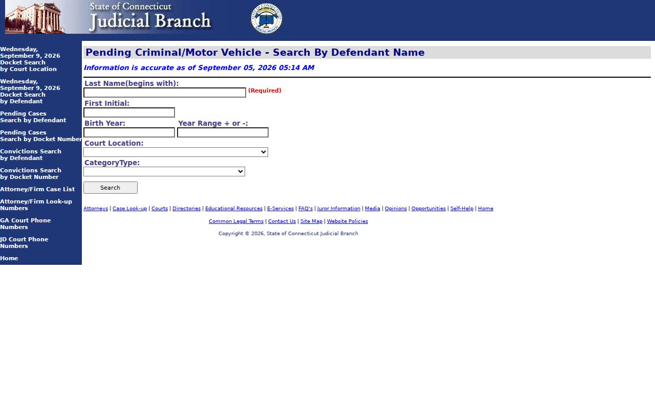Blank Connecticut pending criminal and motor vehicle case search form