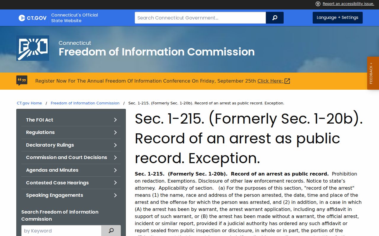 Connecticut official page explaining the public record of an arrest under section 1-215