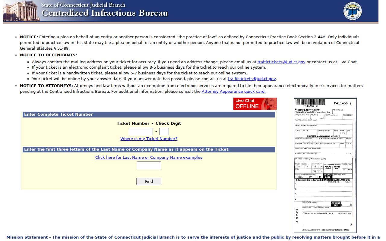 Connecticut Centralized Infractions Bureau ePay ticket entry page