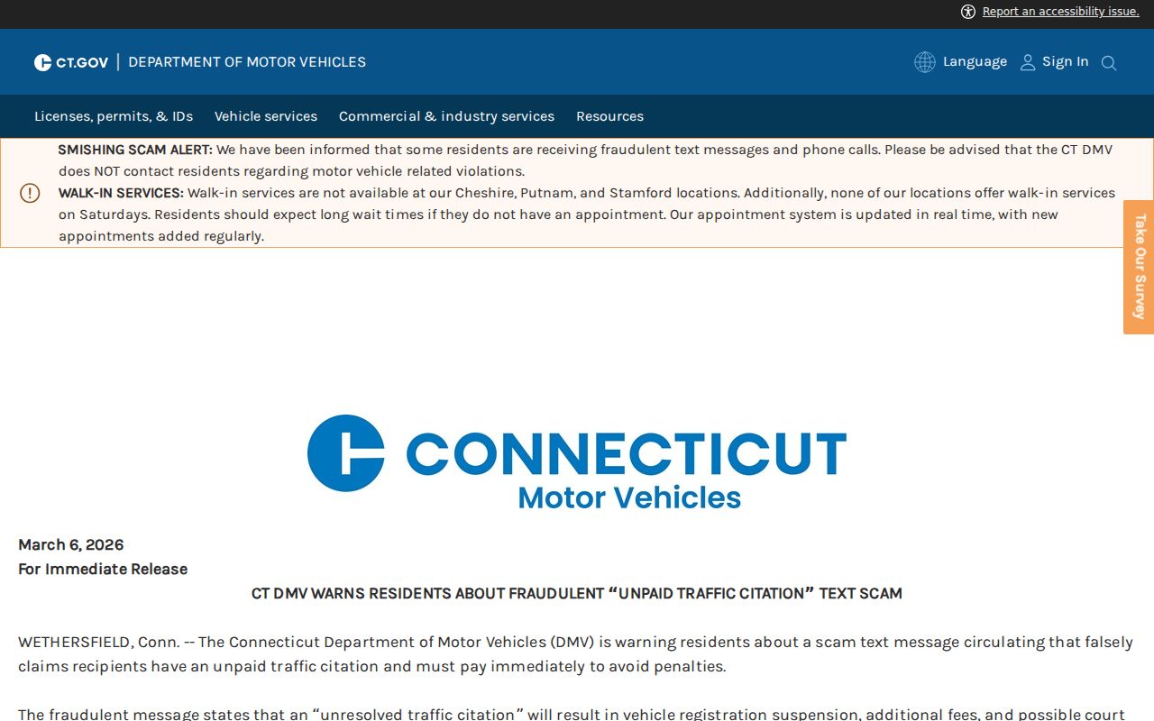 Connecticut DMV warning about false traffic payment messages