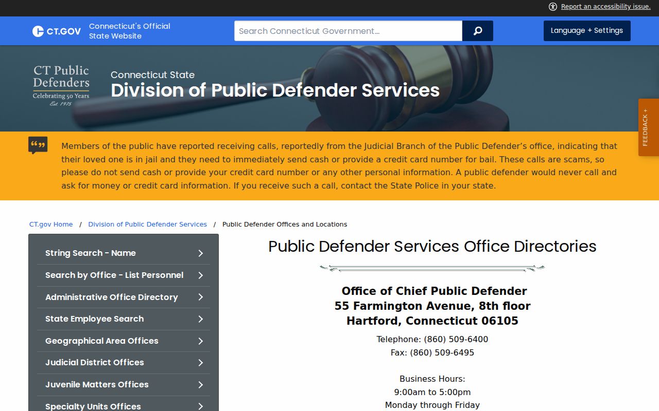 Connecticut Office of the Chief Public Defender official contact page