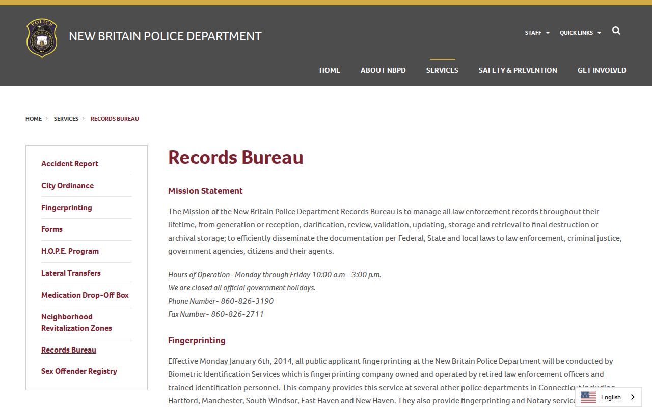 New Britain Police Records Bureau hours and fee information
