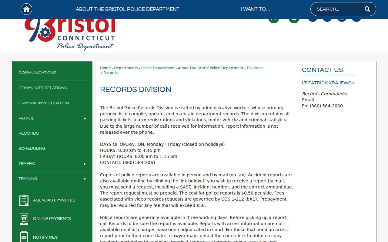 Bristol Police Records Bureau hours and fee information