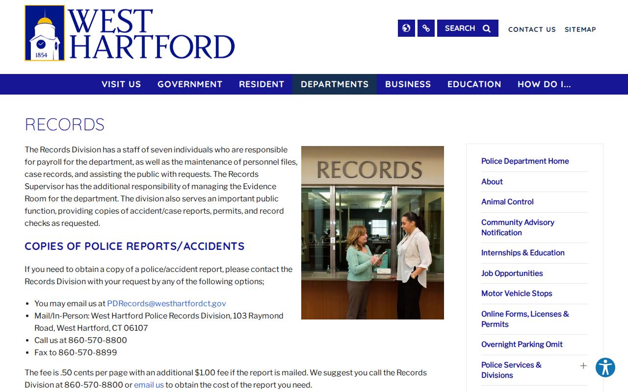 West Hartford Police Records Bureau hours and fee information