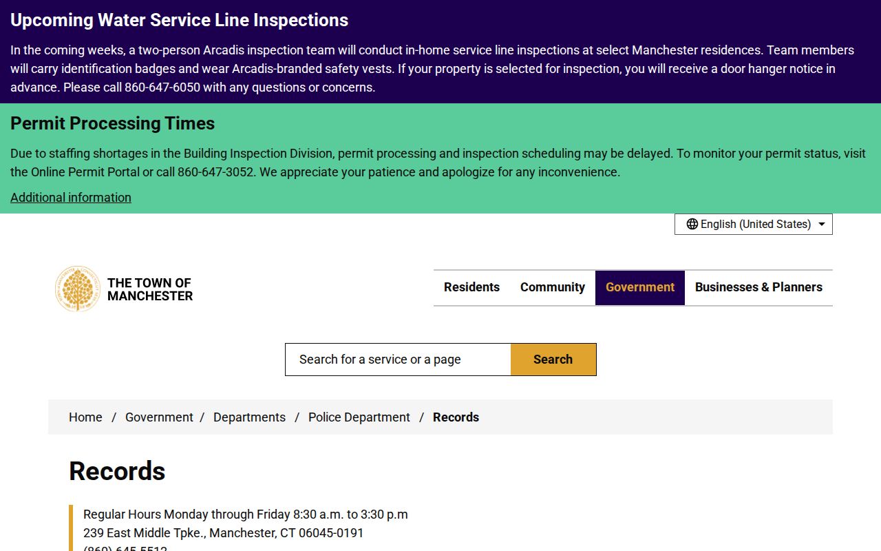 Manchester Police Records Bureau hours and fee information
