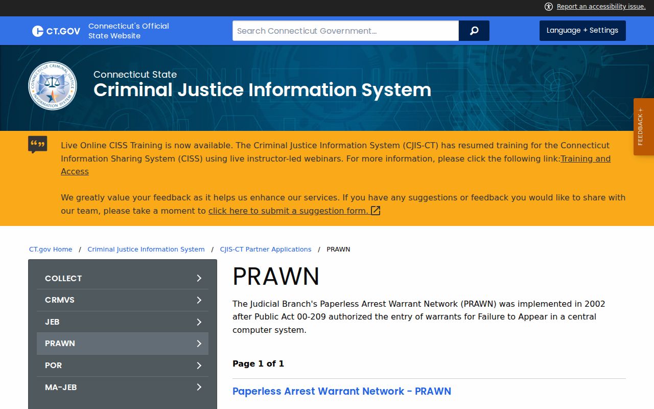 Connecticut PRAWN criminal justice partner application page